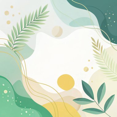 Zümrüt, kireç, mavi ve bej renklerinde, organik yaprak şekilli, minimal modern çiçekli, soyut bir çerçeve..