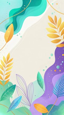 Canlı soyut tasarım menekşe, turuncu, sarı, su ve nane renklerini akışkan organik çiçeklerle ve modern tarzla harmanlıyor..