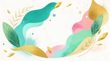 Ahududu, sarı, yeşil, turkuaz ve organik yaprak şekilleri ve çiçek elementleriyle koyu modern soyut kompozisyon..