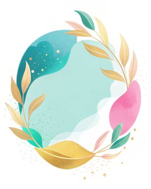 Ahududu, sarı, yeşil, turkuaz ve organik yaprak şekilleri ve çiçek elementleriyle koyu modern soyut kompozisyon..