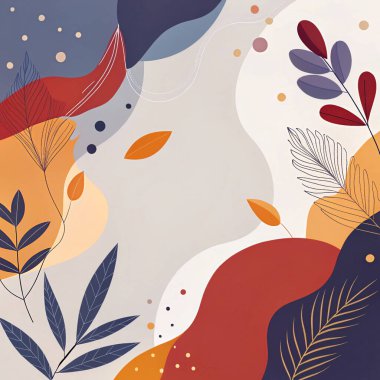 Donanma, kestane rengi, kırmızı, turuncu ve yumuşak akışkan organik botanik şekilleri ve modern tasarımı olan altın tonlarda dramatik soyut çerçeve..