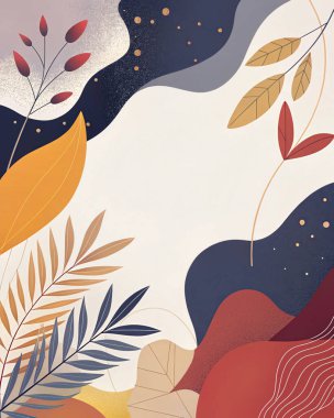 Donanma, kestane rengi, kırmızı, turuncu ve yumuşak akışkan organik botanik şekilleri ve modern tasarımı olan altın tonlarda dramatik soyut çerçeve..