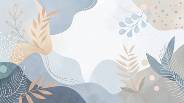 Tozlu mavi-gri, soluk krem, leylak ve organik yapraklar ve çiçek elementleriyle toprak renginde zarif, minimal bir çerçeve..