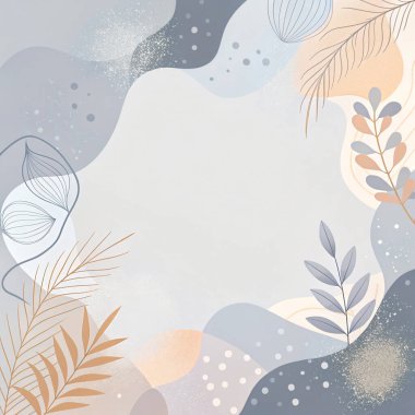 Tozlu mavi-gri, soluk krem, leylak ve organik yapraklar ve çiçek elementleriyle toprak renginde zarif, minimal bir çerçeve..