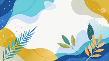 Açık deniz mavisi, zeytin yeşili, kraliyet mavisi, altın sarısı ve turuncu renkleri akan organik botanik şekilli modern soyut çerçeve..