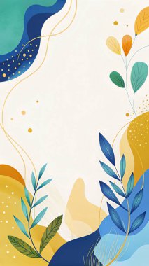 Açık deniz mavisi, zeytin yeşili, kraliyet mavisi, altın sarısı ve turuncu renkleri akan organik botanik şekilli modern soyut çerçeve..