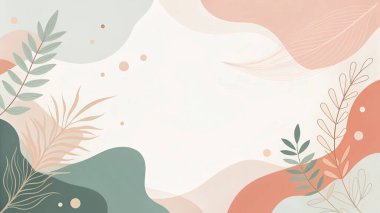 Kum, fildişi, şeftali, adaçayı ve mercan kırmızısının pürüzsüz organik formları ve en az çiçekle özetlenmiş soyut kompozisyonu..