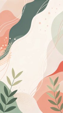 Kum, fildişi, şeftali, adaçayı ve mercan kırmızısının pürüzsüz organik formları ve en az çiçekle özetlenmiş soyut kompozisyonu..