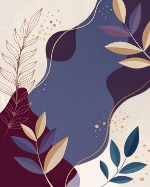 Bordo, leylak, krem, geceyarısı ve botanik şekilli ve organik akışlı çelik mavisi renklerinde zarif, soyut bir çerçeve..