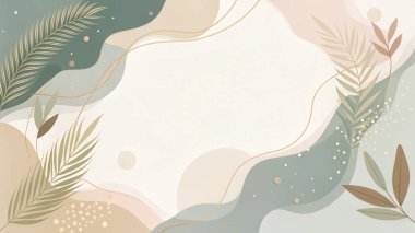 Zeytin, adaçayı, krema, bej ve tozlu gül tonlarında, akışkan organik yaprak formları ve doğadan esinlenilmiş tasarımı olan dünya minimumu çerçeve..
