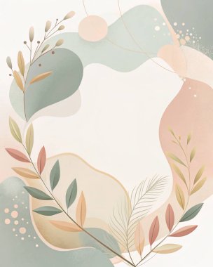 Zeytin, adaçayı, krema, bej ve tozlu gül tonlarında, akışkan organik yaprak formları ve doğadan esinlenilmiş tasarımı olan dünya minimumu çerçeve..