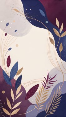 Bordo, leylak, krem, geceyarısı ve botanik şekilli ve organik akışlı çelik mavisi renklerinde zarif, soyut bir çerçeve..