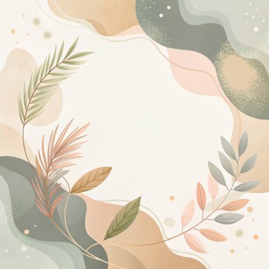 Zeytin, adaçayı, krema, bej ve tozlu gül tonlarında, akışkan organik yaprak formları ve doğadan esinlenilmiş tasarımı olan dünya minimumu çerçeve..