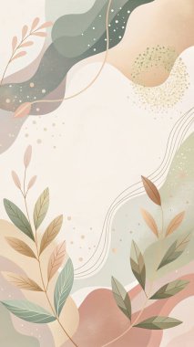 Zeytin, adaçayı, krema, bej ve tozlu gül tonlarında, akışkan organik yaprak formları ve doğadan esinlenilmiş tasarımı olan dünya minimumu çerçeve..