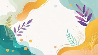 Canlı soyut çerçeve altın sarısı, turuncu, morumsu, nane mavisi ve organik çiçek ve modern tasarım elementlerinin yer aldığı menekşe rengi..