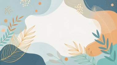 Sanatsal soyut arkaplan harmanlama slate mavi, turkuaz, mercan ve terracotta renkleri ile akan organik botanik formlar.