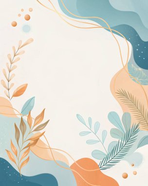 Sanatsal soyut arkaplan harmanlama slate mavi, turkuaz, mercan ve terracotta renkleri ile akan organik botanik formlar.