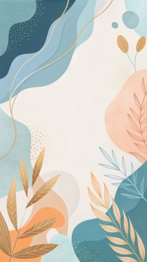 Sanatsal soyut arkaplan harmanlama slate mavi, turkuaz, mercan ve terracotta renkleri ile akan organik botanik formlar.