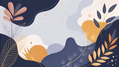 Modern organik botanik akışı ve sanatsal tasarımı ile donanma, leylak, turuncu, bal ve limon renklerinde soyut çerçeve.