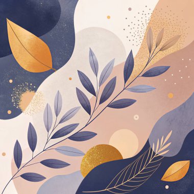 Modern organik botanik akışı ve sanatsal tasarımı ile donanma, leylak, turuncu, bal ve limon renklerinde soyut çerçeve.