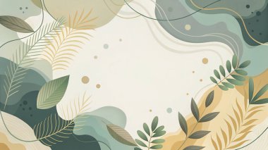 Fildişi, adaçayı, zeytin ve orman yeşili renkleri içeren, organik botanik şekilli ve minimal modern tasarımı olan soyut bir çerçeve..