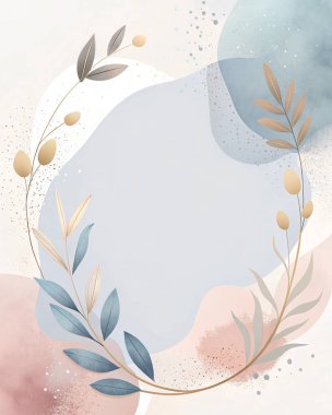 Zarif pastel çerçeve tozlu gül, krema, taupe ve toz mavisi renkleri az çiçekli ve organik yaprak elementleriyle harmanlıyor..