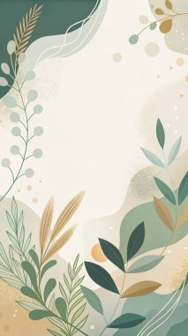 Fildişi, adaçayı, zeytin ve orman yeşili renkleri içeren, organik botanik şekilli ve minimal modern tasarımı olan soyut bir çerçeve..