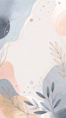 Zarif pastel çerçeve tozlu gül, krema, taupe ve toz mavisi renkleri az çiçekli ve organik yaprak elementleriyle harmanlıyor..