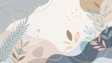 Zarif pastel çerçeve tozlu gül, krema, taupe ve toz mavisi renkleri az çiçekli ve organik yaprak elementleriyle harmanlıyor..