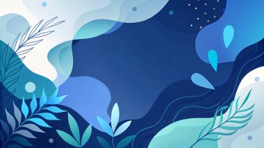 Modern akışkan organik şekiller ve minimum botanik aksanlarla donanma, turkuaz, gökyüzü ve su tonlarında okyanustan esinlenilmiş soyut çerçeve.