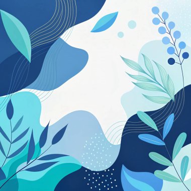 Modern akışkan organik şekiller ve minimum botanik aksanlarla donanma, turkuaz, gökyüzü ve su tonlarında okyanustan esinlenilmiş soyut çerçeve.