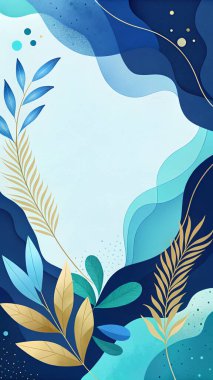 Modern akışkan organik şekiller ve minimum botanik aksanlarla donanma, turkuaz, gökyüzü ve su tonlarında okyanustan esinlenilmiş soyut çerçeve.