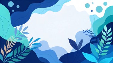 Donanma, deniz mavisi, turkuaz, gökyüzü ve sıvı organik botanik formları ve modern stili olan soluk su renklerinde katmanlı deniz ürünü soyut çerçeve..