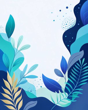 Donanma, deniz mavisi, turkuaz, gökyüzü ve sıvı organik botanik formları ve modern stili olan soluk su renklerinde katmanlı deniz ürünü soyut çerçeve..