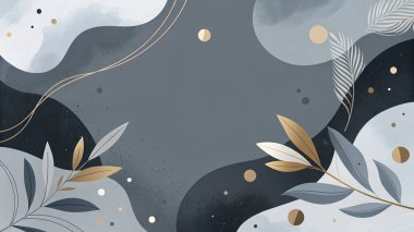 Siyah, kayrak ve beyaz tonlu, organik yaprak formları ve zarif modern tasarım içeren, minimal monokrom soyut kompozisyonu.