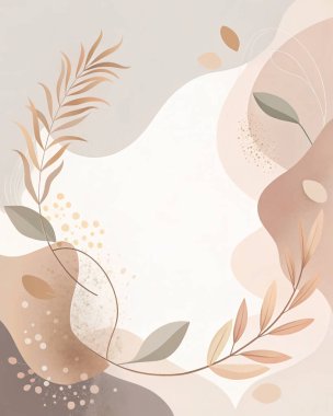 Fildişi, kızarık, kahverengi tonlarda, organik şekillerde ve hafif botanik aksanlı sıcak ve soyut bir arka plan..