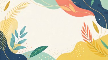 Sarı, mavi, kireç, şeftali ve kırmızı renkli çağdaş çerçeve akışkan organik çiçek ve modern botanik tasarımı.