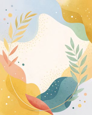 Sarı, mavi, kireç, şeftali ve kırmızı renkli çağdaş çerçeve akışkan organik çiçek ve modern botanik tasarımı.