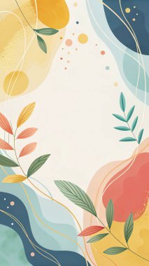 Sarı, mavi, kireç, şeftali ve kırmızı renkli çağdaş çerçeve akışkan organik çiçek ve modern botanik tasarımı.