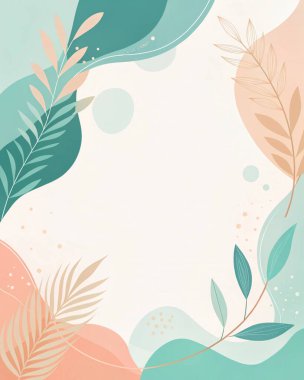 Gök mavisi, turkuaz, şeftali ve mercan renginde, organik botanik şekilli, minimal modern çiçek stilinde soyut bir çerçeve..