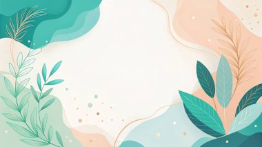 Gök mavisi, turkuaz, şeftali ve mercan renginde, organik botanik şekilli, minimal modern çiçek stilinde soyut bir çerçeve..