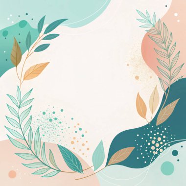 Gök mavisi, turkuaz, şeftali ve mercan renginde, organik botanik şekilli, minimal modern çiçek stilinde soyut bir çerçeve..