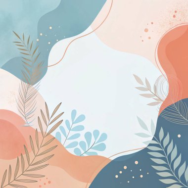 Sıcak pastel, mercan, şeftali, gökyüzü mavisi ve organik yaprak ve çiçek elementleri içeren soyut bileşim..