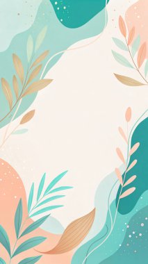 Gök mavisi, turkuaz, şeftali ve mercan renginde, organik botanik şekilli, minimal modern çiçek stilinde soyut bir çerçeve..