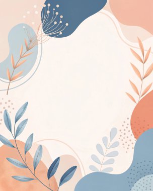 Sıcak pastel, mercan, şeftali, gökyüzü mavisi ve organik yaprak ve çiçek elementleri içeren soyut bileşim..