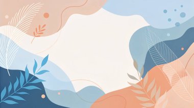 Sıcak pastel, mercan, şeftali, gökyüzü mavisi ve organik yaprak ve çiçek elementleri içeren soyut bileşim..