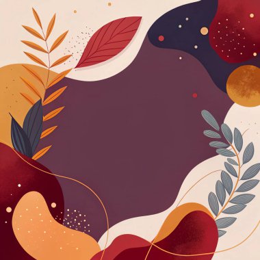 Burgonya, kırmızı, mandalina ve deniz mavisi renklerini organik şekiller ve botanik aksanlarla harmanlayan modern soyut çerçeve..