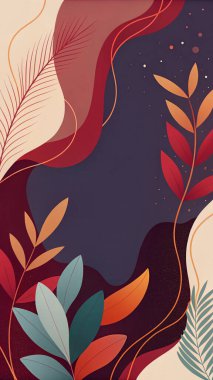 Burgonya, kırmızı, mandalina ve deniz mavisi renklerini organik şekiller ve botanik aksanlarla harmanlayan modern soyut çerçeve..
