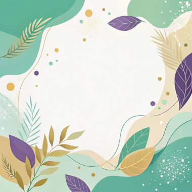 Akan organik çiçekli ve botanik şekilli nane, deniz mavisi, kahverengi ve mor renklere sahip zarif soyut bir arka plan..