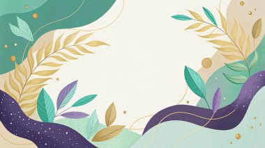 Akan organik çiçekli ve botanik şekilli nane, deniz mavisi, kahverengi ve mor renklere sahip zarif soyut bir arka plan..